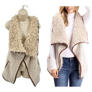 Love Tree Womens Faux Fur Vest Size Small Tan Pockets Open Front
